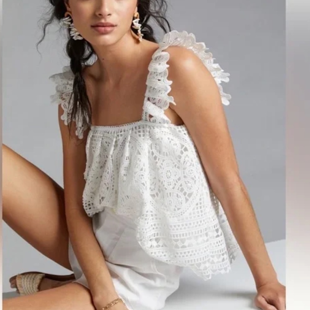 Anthropologie Erie + Ali White Lace Ruffle Top Size Medium
